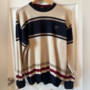 Paul & Shark Yachting Men's Beige, Navy and Maroon Striped Sweater 100% Wool